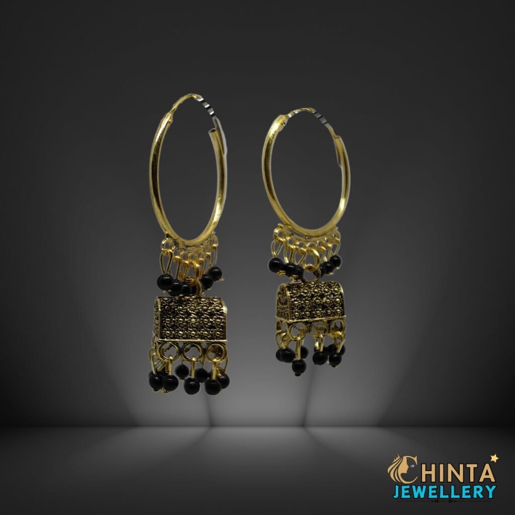 Black and Gold Hoop Earrings with Jhumka Charm - Chinta Jewellery Store